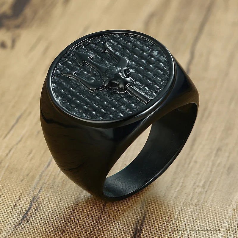 12.5mm Signet Ring for Men, Black Square Top Stainless Steel Finger Band, Gothic Punk Rock Boy Stamp Rings (GoldenCity)
