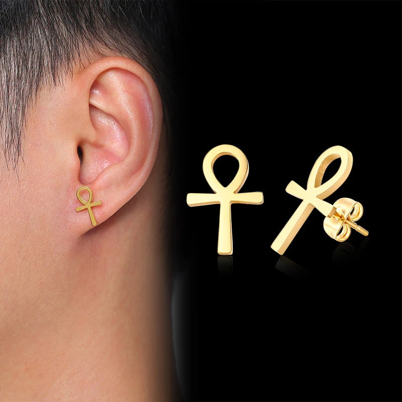 Mens Ankh Cross Stud Earrings for Women Jewelry Stainless Steel AUM OM Casual Unisex Gifts (GoldenCity)
