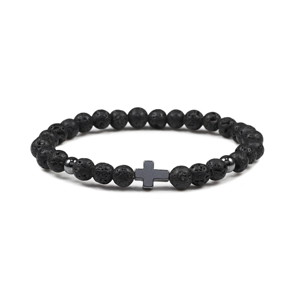 Natural Lava Stone Bead Bracelet Men Prayer Meditation Hematite Cross Jesus Thin Couple Bangles Pulsera Jewelry Gifts for Friend (GoldenCity)