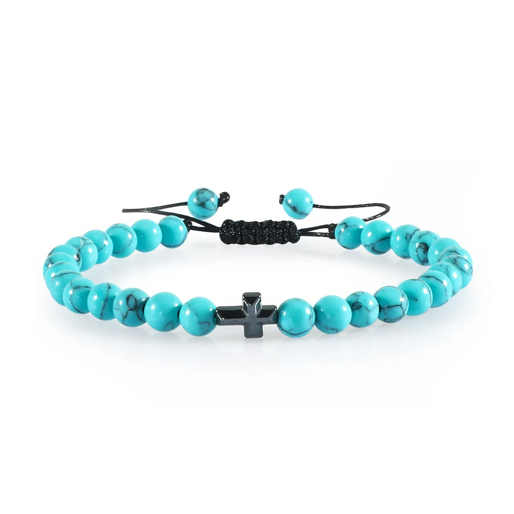 Charm 6mm Natural Stone Beads Braided Bracelet Prayer Men Women Christian Jesus Bless Cross Bracelets Bangles Friendship Jewelry (GoldenCity)