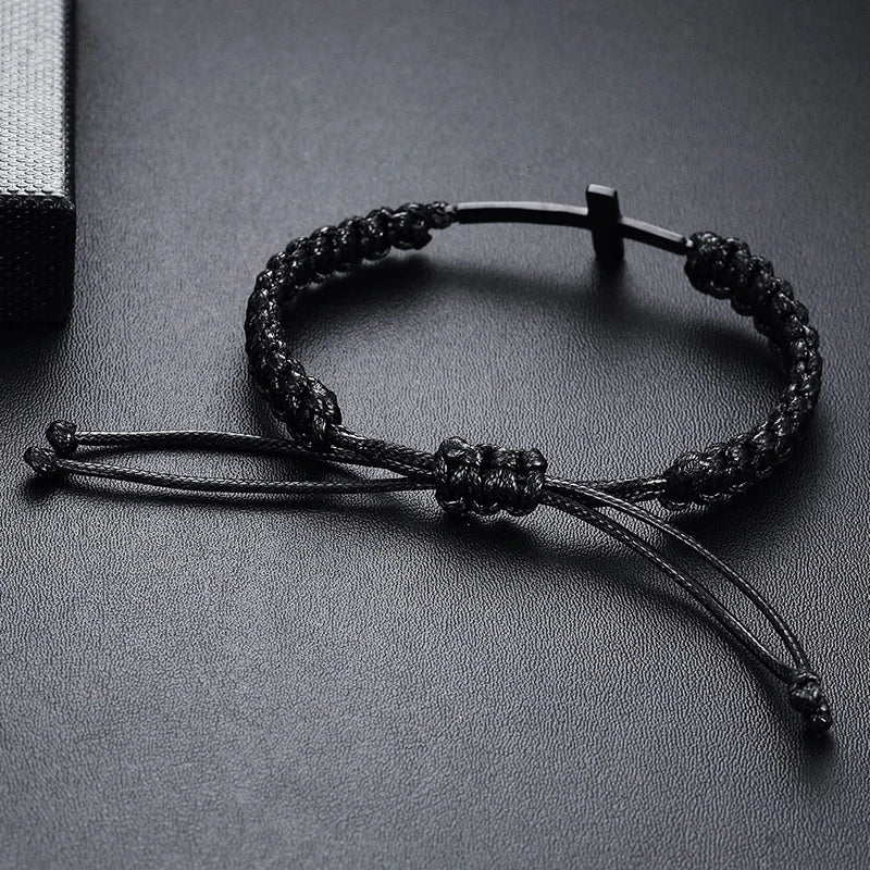 Black Cross Charm Bracelet for Men Teens Boy Braided Rope Chain Unisex Handmade Jewelry (GoldenCity)