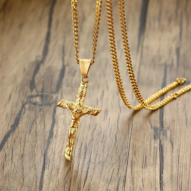 Cross Necklace for Men Women,Catholicism Jesus Pendant,Gold Color Stainless Steel Unisex Collar,Church Prayer Faith Jewelry (GoldenCity)
