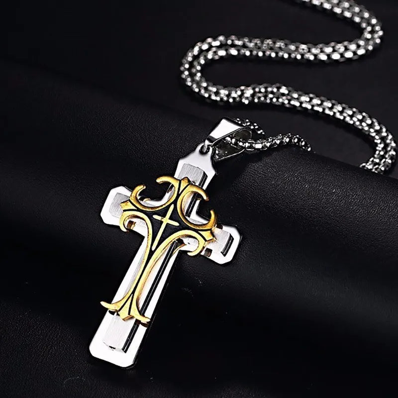 Men's Stainless Steel Cross Pendant Necklace 24" Chain Religion Jewelry (GoldenCity)