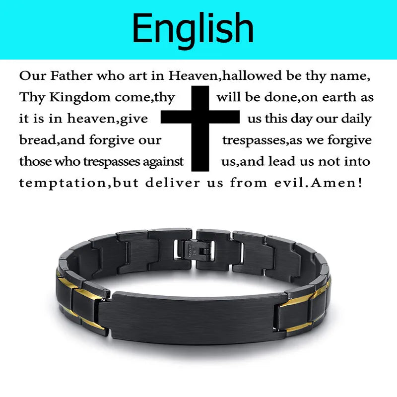 Stainless Steel Metal Bracelet Men Russian Spanish Korean Language Christian Lord's Prayer (GoldenCity)