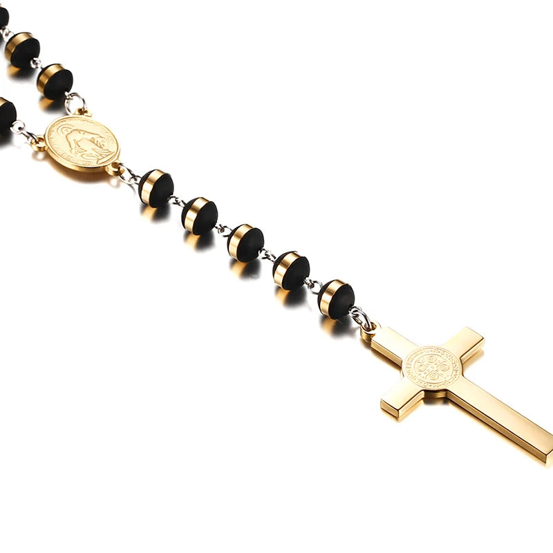 Black Gold Color Beads Long Rosary Necklace for Women Men Stainless Steel St Benedict Cross Pendant Sweater Chain Unisex (GoldenCity)