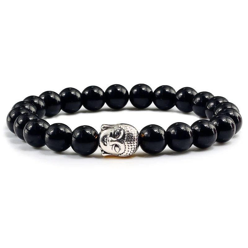 Healing Buddha Head Prayer Volcanic Lava Natural Stone Strand Bead Bracelet For Men Black Beaded Yoga Women armband Jewelry (GoldenCity)