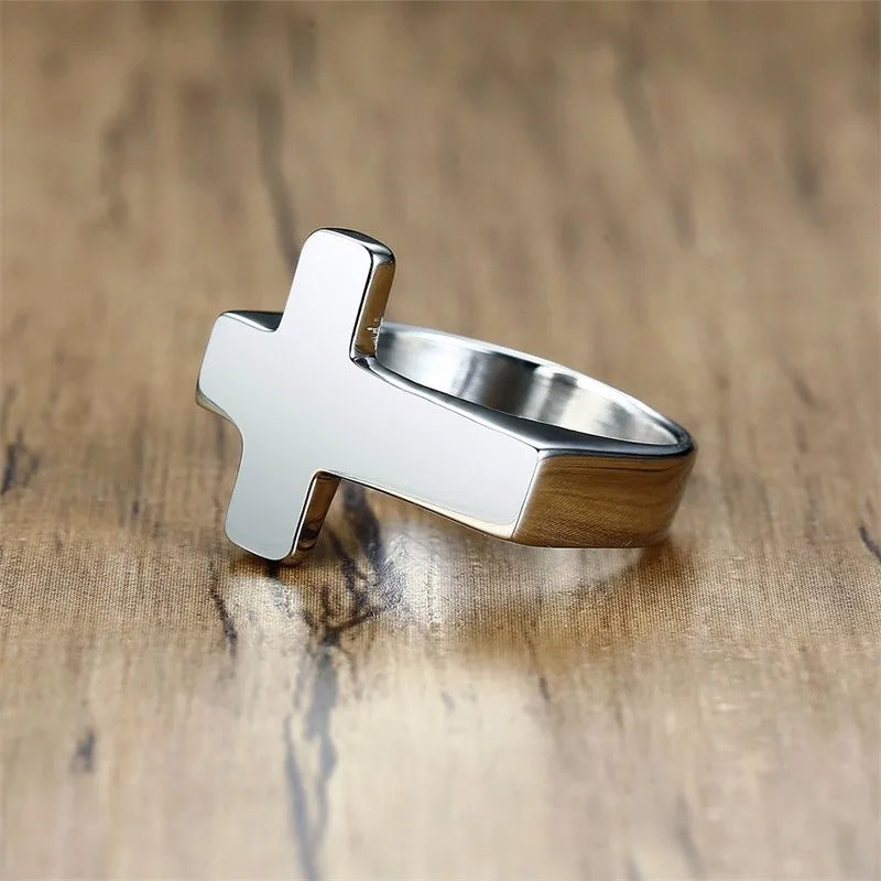 Unique Cross Flat Top Ring For Men Glossy Stainless Steel Christ Jesus Prayer Faith Anel Fraternal Rings (GoldenCity)