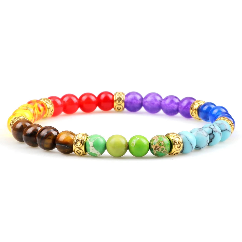 Minimalist 4 6MM 7 Chakra Natural Stone Bracelet Women Yoga Elastic Rope Bracelets Couple Adjustable Braided Bangles Jewelry New (GoldenCity)