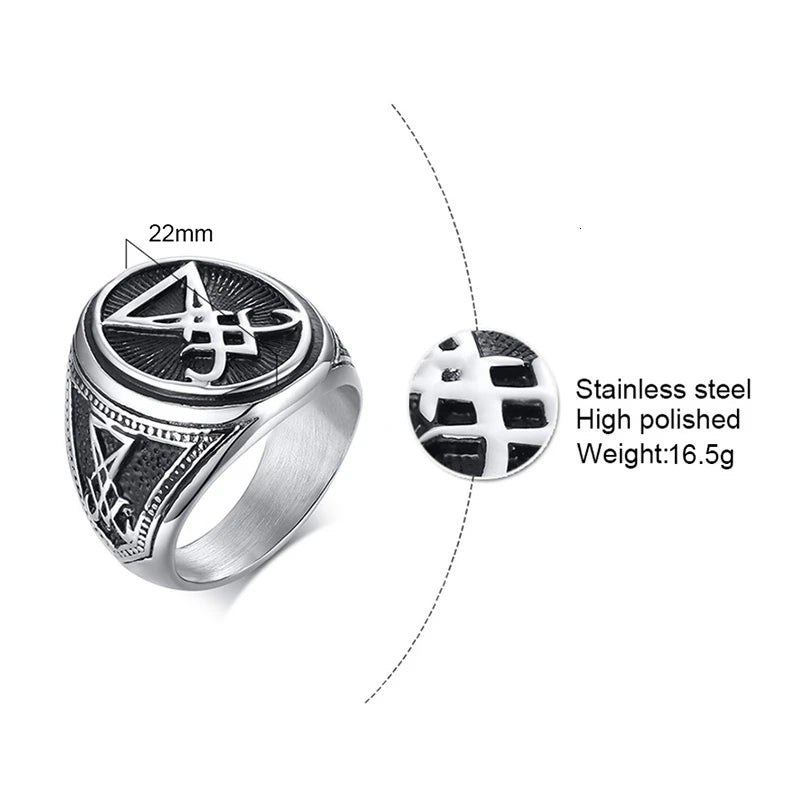 Mens Vintage Lucifer Ring Rock Punk Black Stainless Steel Male Party Gifts Jewelry (GoldenCity)