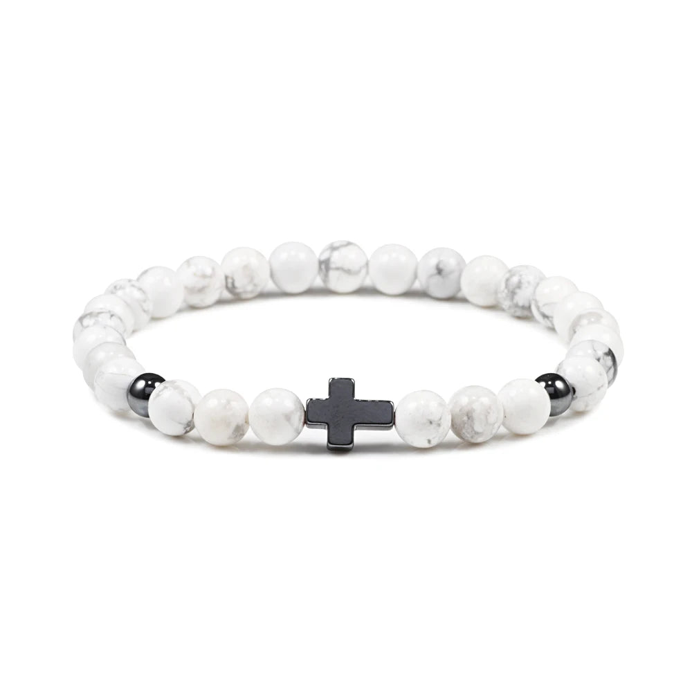 Prayer Men Women Bracelet Hematite Cross Rosary Natural Stone Beads Jesus Onyx Meditation Bracelets Bangles Jewelry Gift Pulsera (GoldenCity)