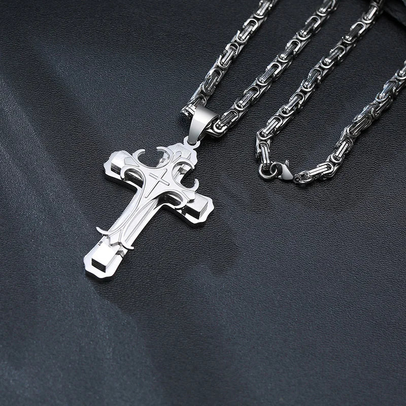 Cross Necklace For Men Byzantine Gold Color Stainless Steel Chain Catholic Crucifix Pendant Male Punk Rock Ornaments (GoldenCity)