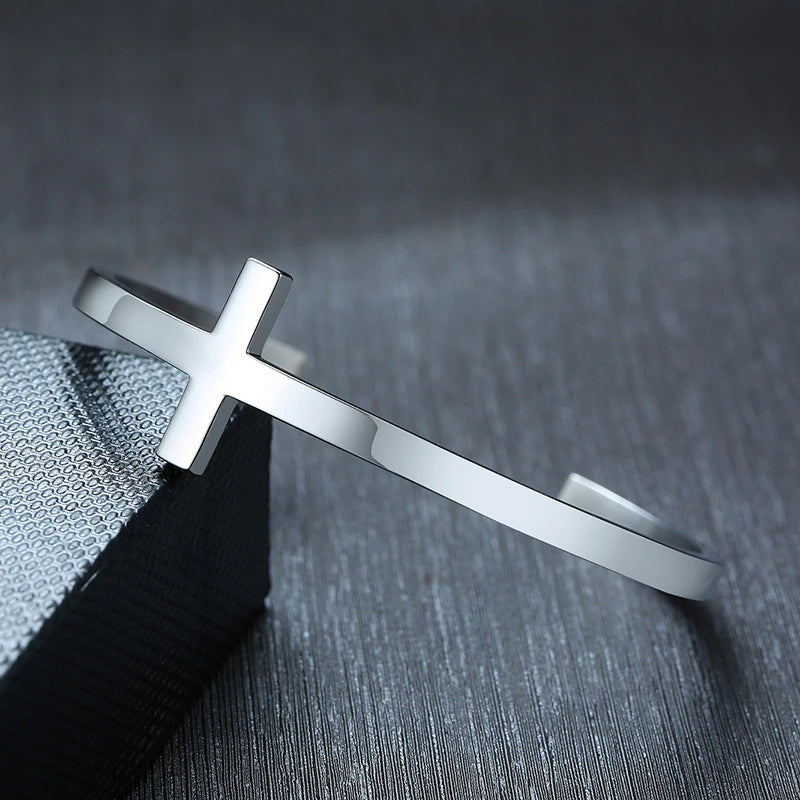 Stylish Cross Bangle for Women Men, Glossy Stainless Steel Cuff Bracelet, Unisex Religious Faith Jewelry (GoldenCity)