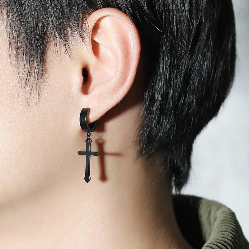 Simple Cross Dangle Earrings for Men Women Minimalist Stainless Steel Drop Small Hoop Metal Ear Jewelry Anti Allergy (GoldenCity)