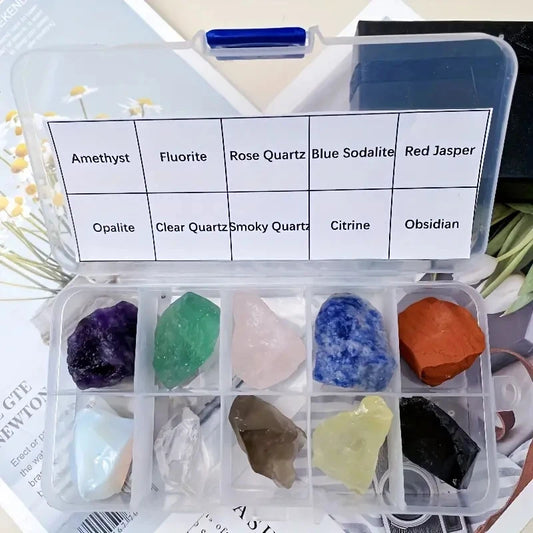 10PCs/Box Natural Crystal Rough Raw Set Energy Gemstones Rough Rocks And Mineral Chakra Stone With Box (GoldenCity)