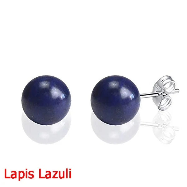Fashion Simple Classic Natural Stone Opal Crystal Amethyst Aventurine Ball Round Bead Silver Stud Earring for Women Jewelry Gift (GoldenCity)