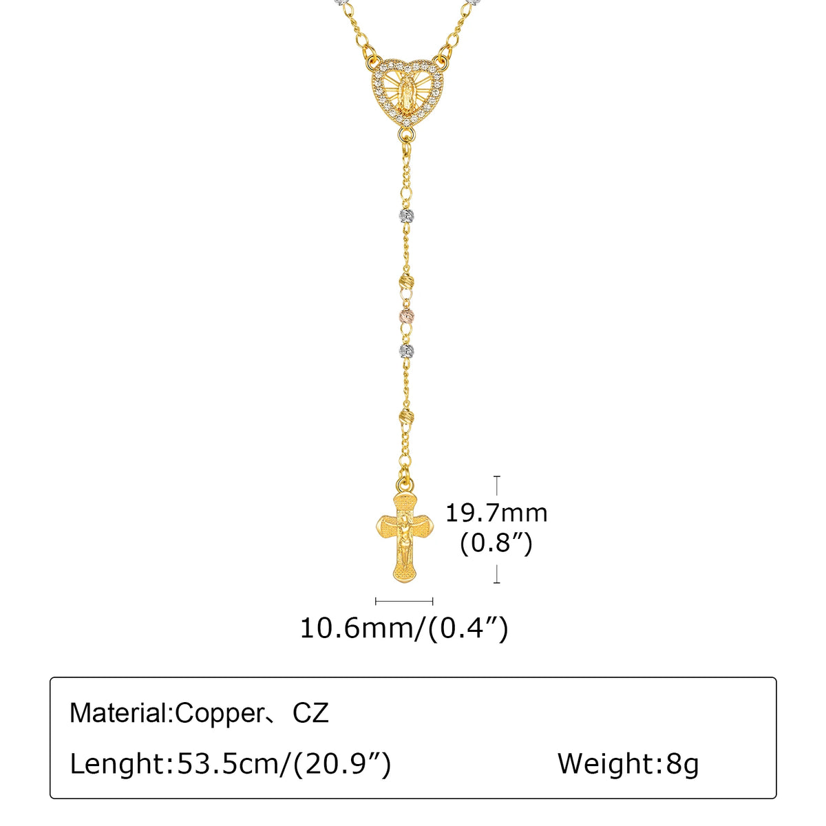 Virgin Mary Heart Rosary Necklaces for Women Men, Gold Plated Cross Prayer Collar, Long Sweater Chain Necklace (GoldenCity)