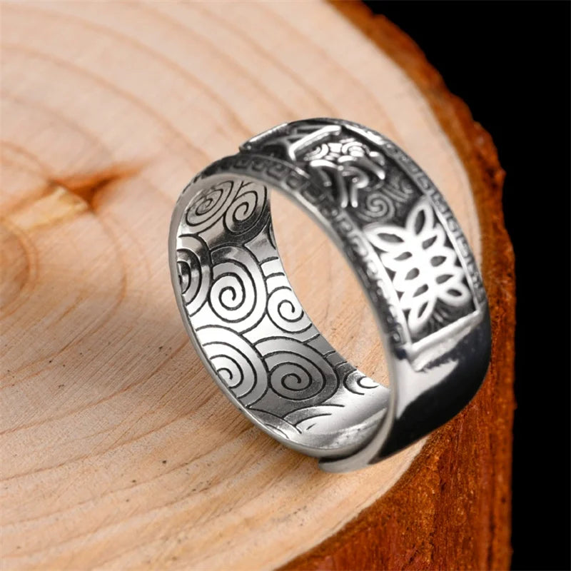 925 Silver Ring Male Finger Accessories Personality Retro Buddhist Scripture Mantra Om Mani Padme Hum Ring For Men Adjustable (GoldenCity)