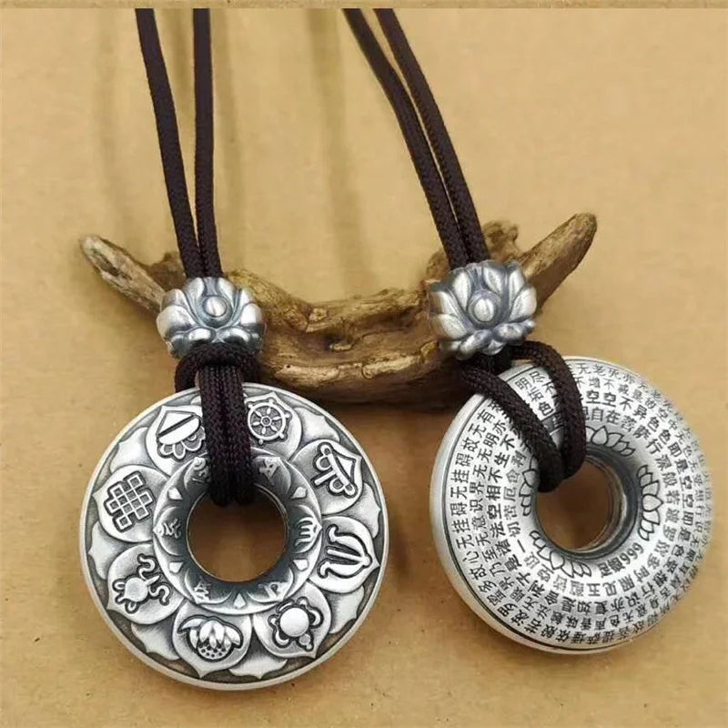Silver Retro Lotus Buddha Sutra Six-character Mantra Pendant Necklace For Men Women Jewelry Ethnic Black Rope Male Necklace Amulet Gift (GoldenCity)