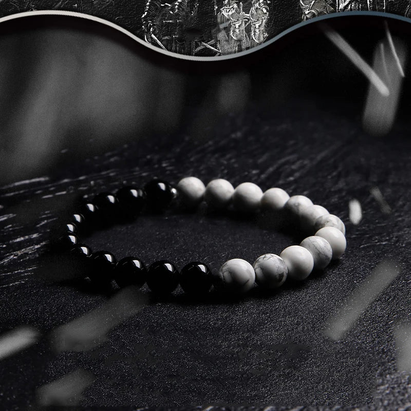 Contrast Series Fengshui Black Volcanic White Howlite Beads Bracelet for Women Man Tai Chi Yin And Yang Balance Yoga Meditation (GoldenCity)