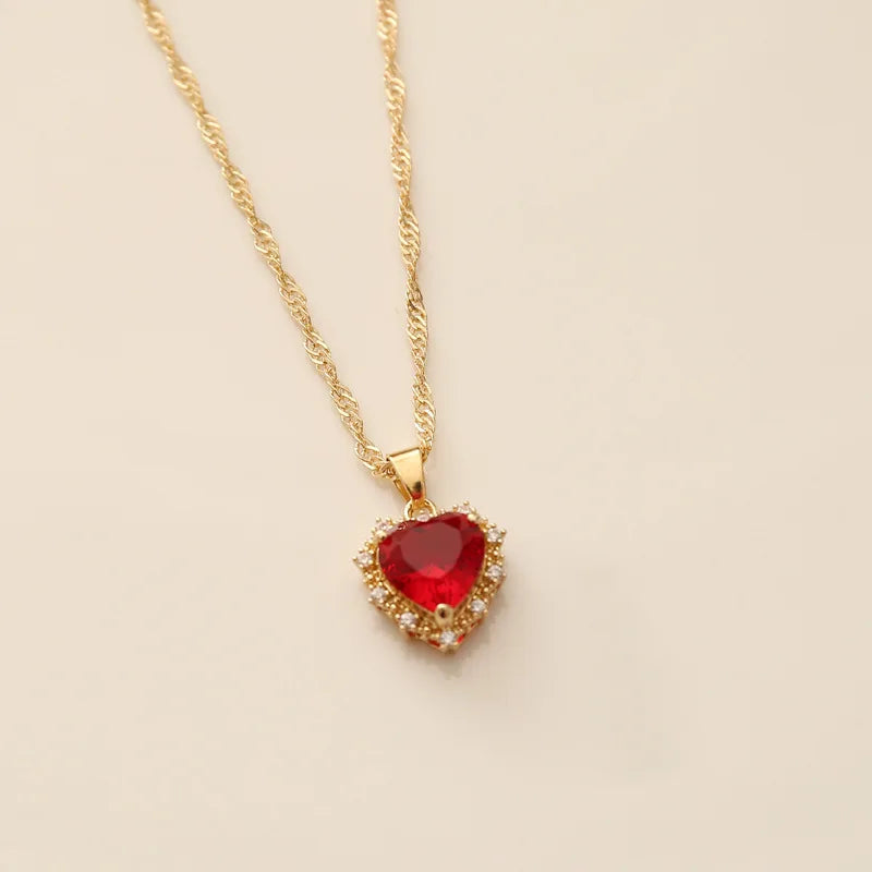 Heart Copper Necklace Fashion Jewelry White Sapphire Artificial Zircon Chain Necklaces for Women Jewelry Necklace Vintage Women (GoldenCity)