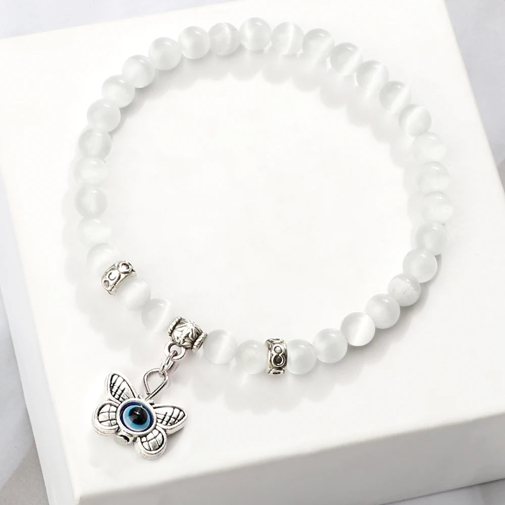 New Charm 6MM White Cat Eye Beaded Bracelet Turkish Evil Eye Butterfly Owl Turtle Pendant Bangles Chain Jewelry Gift for Friend (GoldenCity)