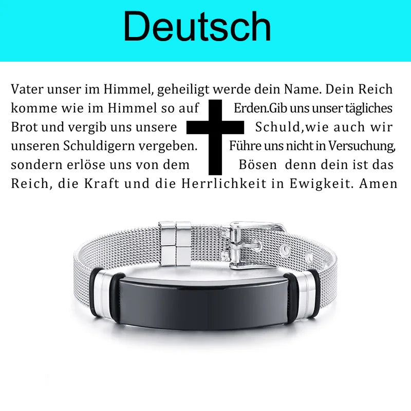 Laser Christian Lord's Prayer Cross Bracelet Men Russian Spanish Hebrew Personalized Gift (GoldenCity)