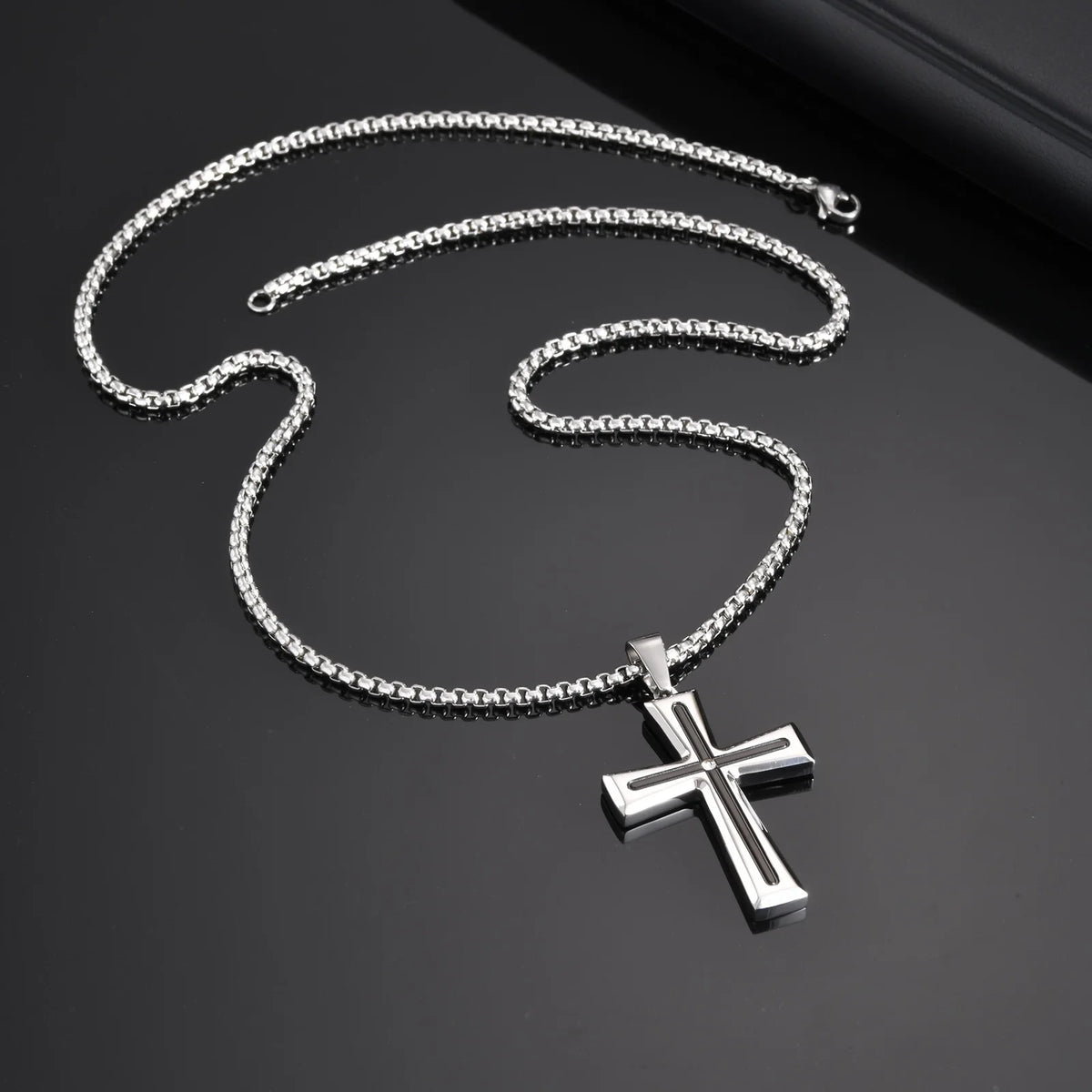 Cubic Zirconia Stone Centered Cross Necklaces for Men, Black Silver Color Stainless Steel Pendant,Religious Accessory Gift (GoldenCity)