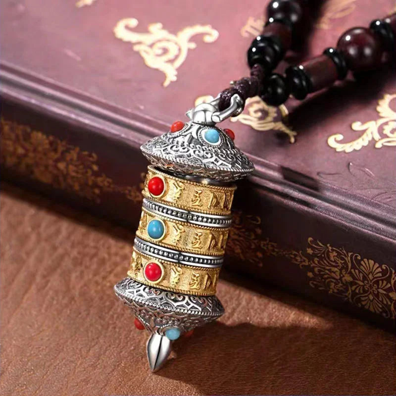 Vintage Prayer Wheel The Six Character Great Bright Mantra Mezuzah Pendant For Men Jewelry Trendy Amulet Necklace Women Gift (GoldenCity)