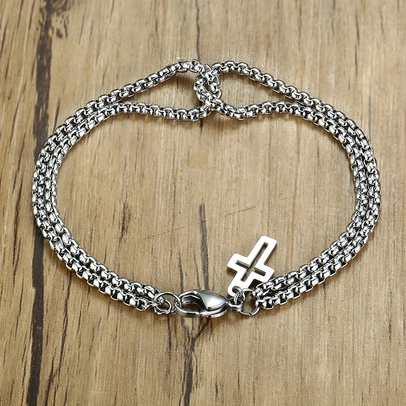 Simple Layered 3mm Rolo Chain Bracelets for Men,Round Box Link With Cross Charm Wristband,Christ Prayer Vintage Dad Gift (GoldenCity)