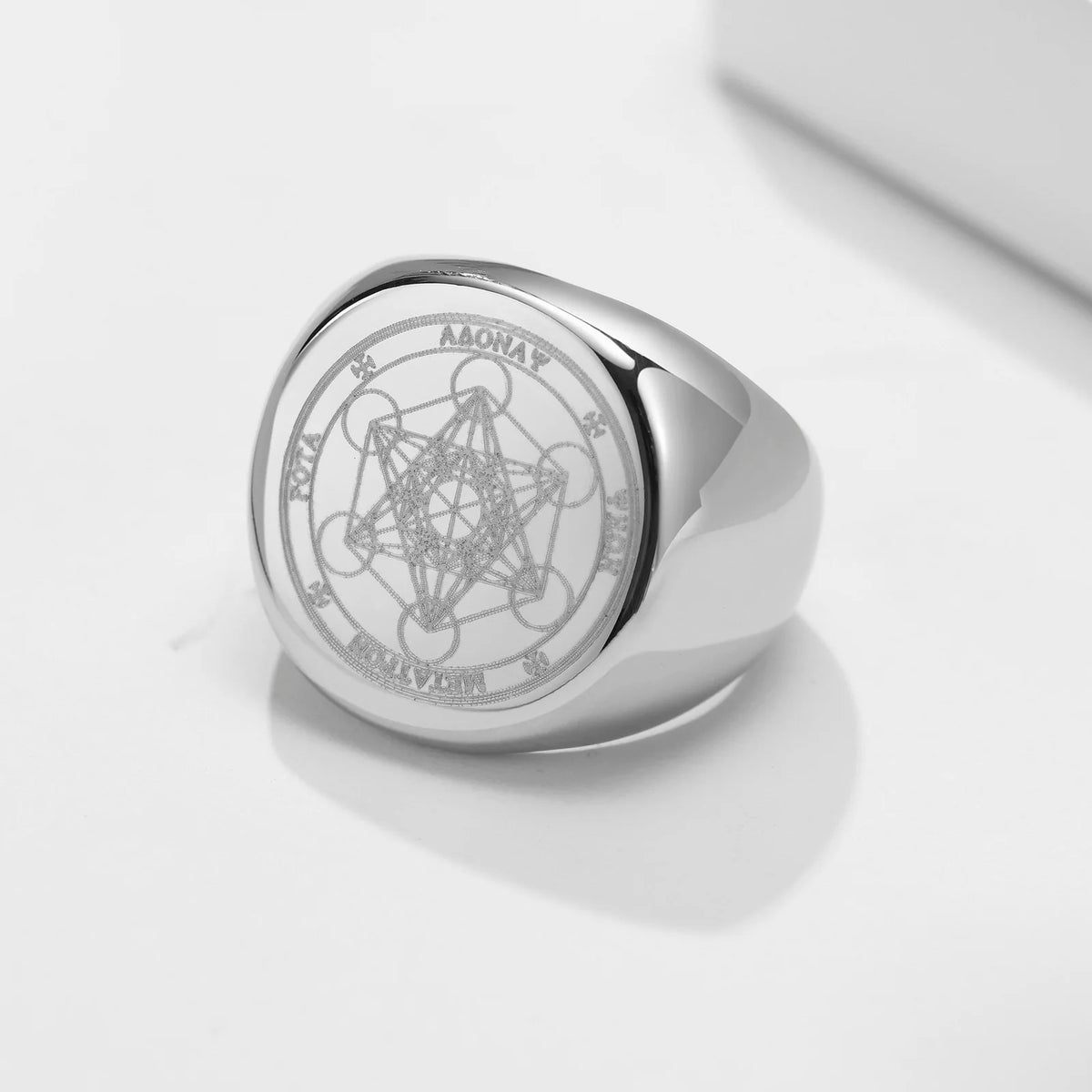 Seven Seals of Angels Rings for Men, Round Top Stamp Finger Band, Metatron Cube Stamp Ring, Chunky Punk Jewelry (GoldenCity)