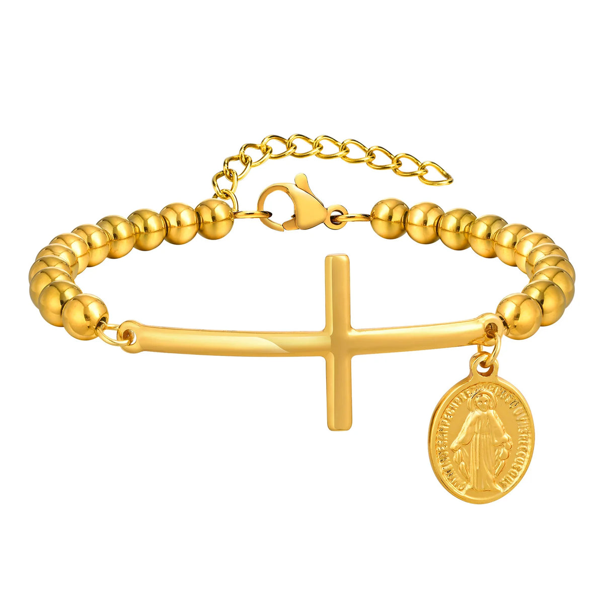 Virgin Mary St. Benedict Cross Bracelet For Women, Stainless Steel Gold Color Beaded Chain Bracelets, Christ Prayer Jewelry (GoldenCity)