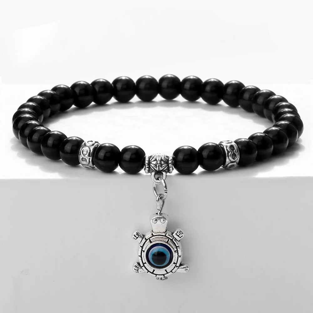 New 6MM Black Polish Beaded Bracelet Lucky Turkish Evil Eye Alloy Pendant Couple Bracelet&Bangles Chain Jewelry Gift for Friend (GoldenCity)