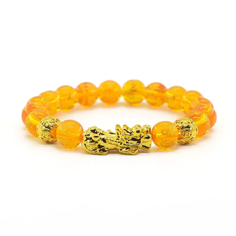 Pixiu Bracelet Feng Shui Wealth and Good Luck Bracelet Homme Wristband Gold Color Obisidian Stone Beads Black Six Character Gift (GoldenCity)
