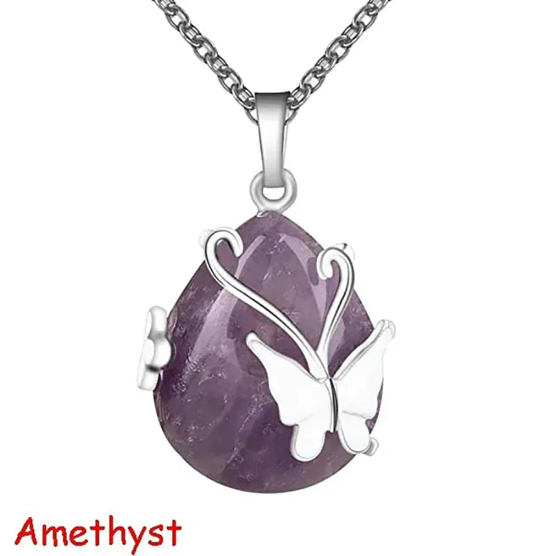 Vintage Wire Wrap Butterfly Gemstone Rose Quartz Amethyst Opalite Healing Crystal Pendant Necklace (GoldenCity)