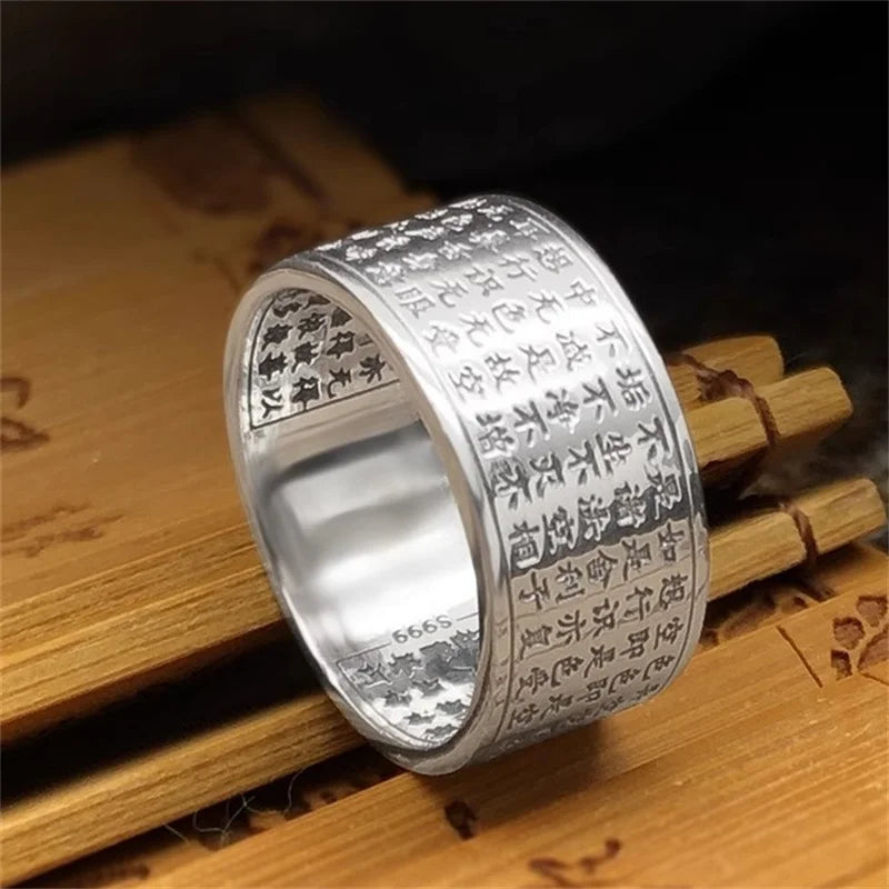 Blessing Prajnaparamita Heart Sutra Ring For Men Jewelry Ethnic Style Vintage Heart Meridian Ring Women Finger Accessories (GoldenCity)