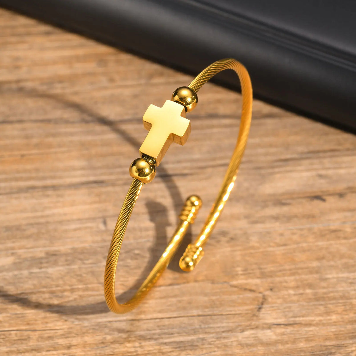 Cable Wire Cuff Bracelet for Men Women,Retro Black Cross Bangles, Unisex Twisted Stainless Steel Faith Christ Jewelry (GoldenCity)