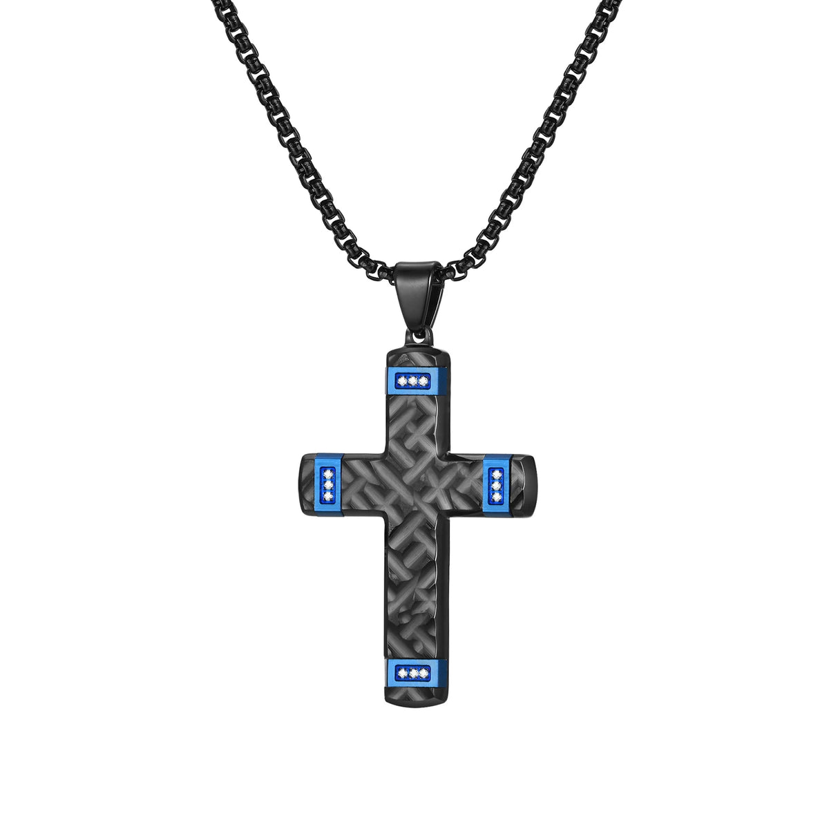 High End Cross Pendant Necklaces for Men Husband Granpda Gift, Two Tones Black Blue Silver Color Thick Cross Necklace (GoldenCity)