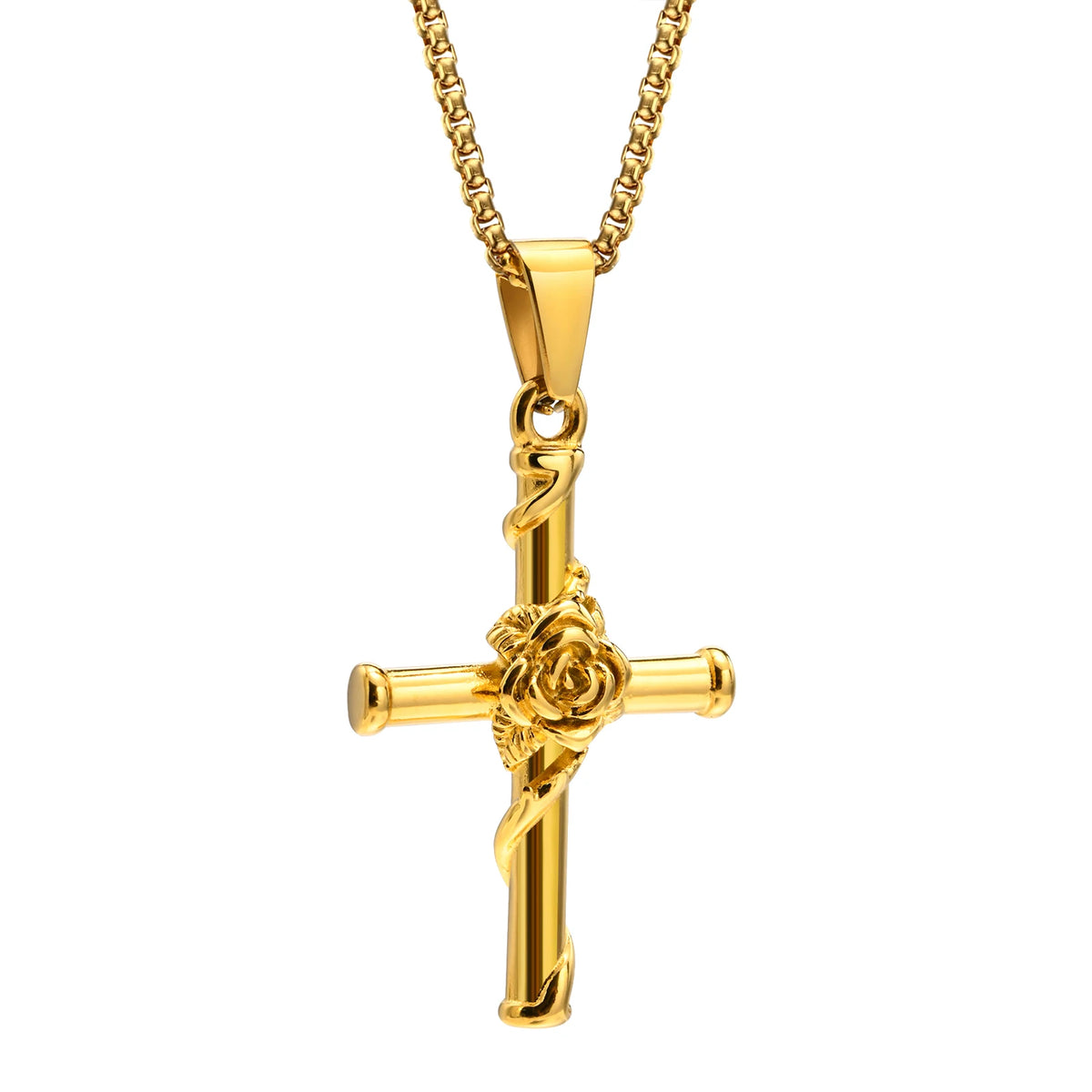 Men Cross Necklace, Stainless Steel Rose Cross Pendant with Box Chain, Unisex Cool Crucifix Jesus Faith Aesthetic Collar (GoldenCity)