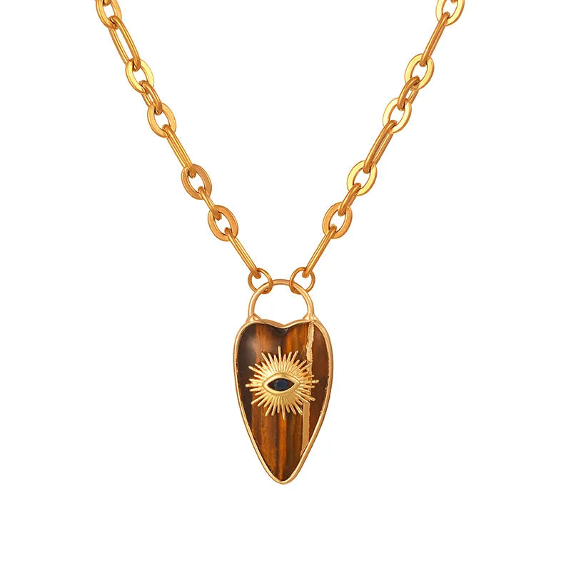 1pc Devil's Eye Heart Natural Stone Pendant Amethyst Pink Crystal Necklace for Women Jewelry Gift (GoldenCity)