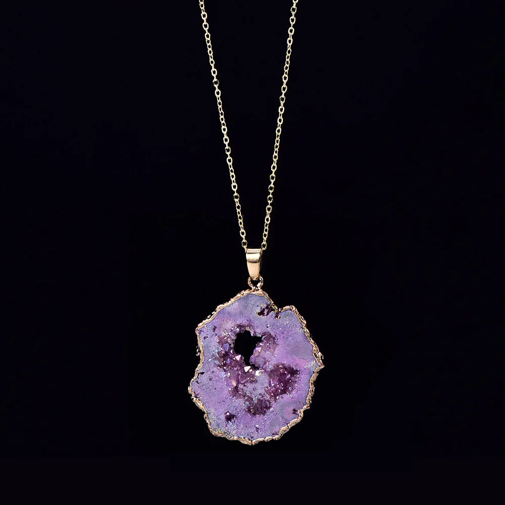Natural Irregular Agate Charms Geode Quartz Slice Crystal Druzy Pendant Necklace DIY Jewelry Making Natural Agate Slice Necklace (GoldenCity)