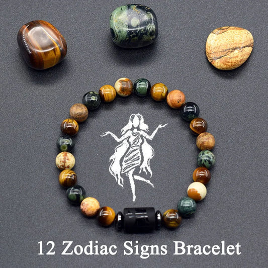 12 Zodiac Constellation Signs Bracelets for Men Women Real Natural Tiger Eye Sparrow Picture Stone Bead Bracelet Leo Taurus Gift (GoldenCity)