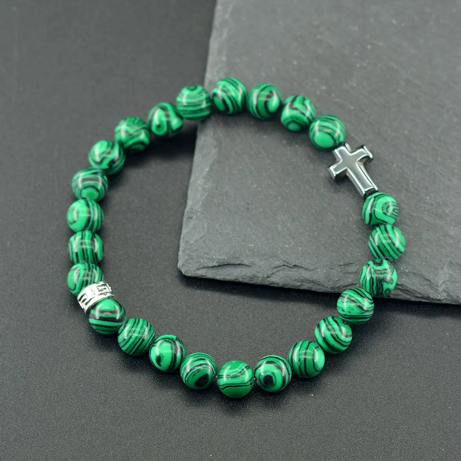 Prayer Cross Charm Natural Stone Beads Bracelet Men Women Rosary Hematite Cross Bracelet Onyx Meditation Bracelet Yoga Jewelry (GoldenCity)