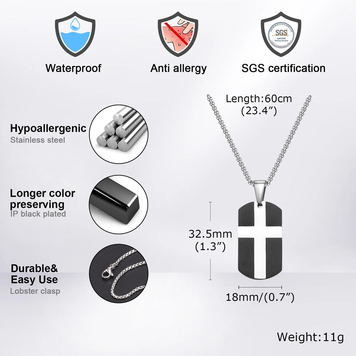 Stainless Steel Cross Dog Tag Necklaces for Men, Black Dogtag Pendant Necklace, Punk Rock Religious Faith Jewelry Collar (GoldenCity)