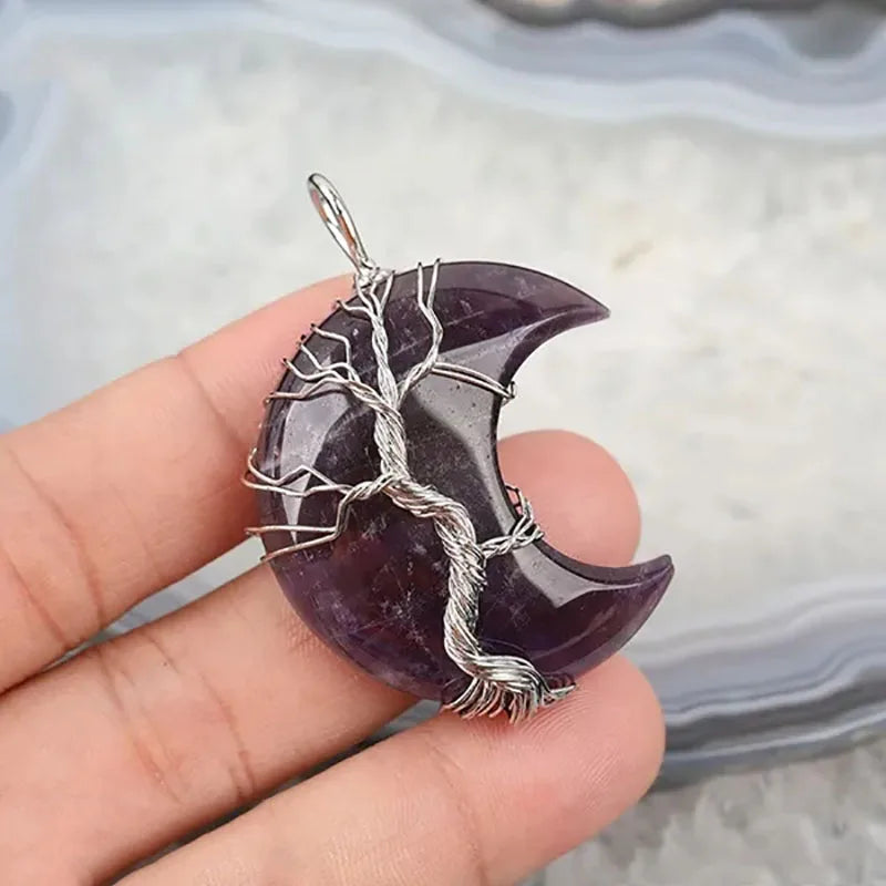 Natural Crystal Pendant Wire Wrap Tree Of Life Big Moon Crescent Mineral Stone Pendulum Amethyst Quartz Necklace For Women Gift (GoldenCity)