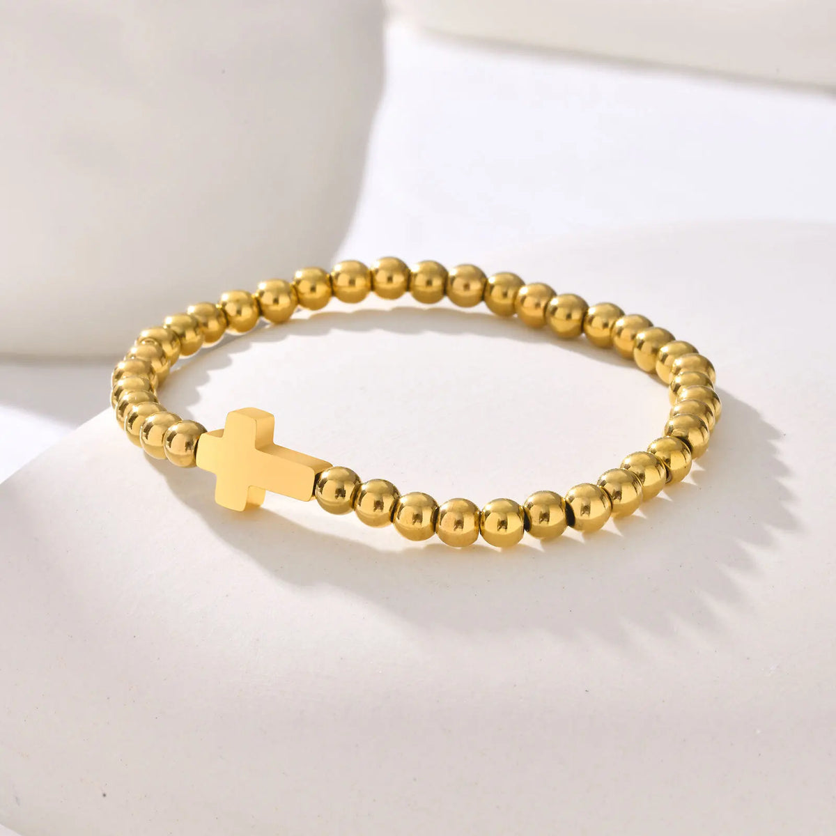 Women Cross Bracelets, Gold Plated Stainless Steel Beads Beaded Bracelets, Fashion Stackable Wristband,Faith Christ Jewelry (GoldenCity)