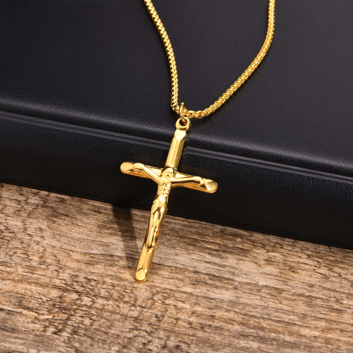 Stainless Steel Catholic Jesus Christ Cross Crucifix Pendant Necklace for Men Women Religious Prayer Jewelry (GoldenCity)