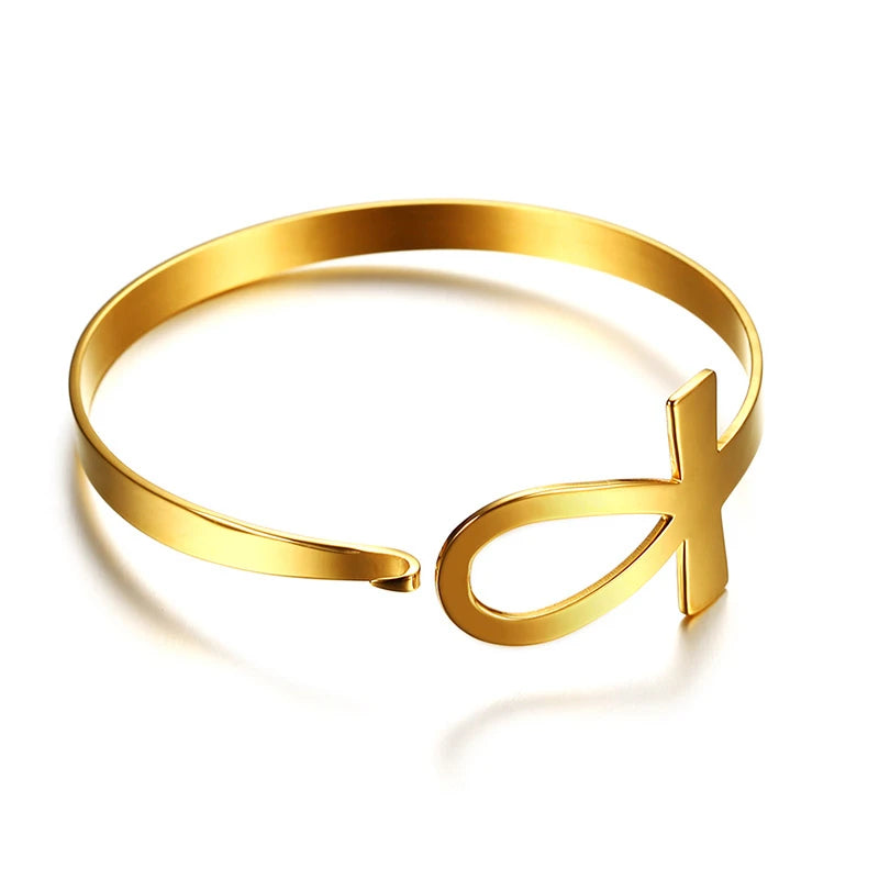 Ankh Cross Bracelet for Women Stainless Steel Key of Life Bangle Bracelet Female Egypt Religious Jewelry 2.3" Diameter (GoldenCity)