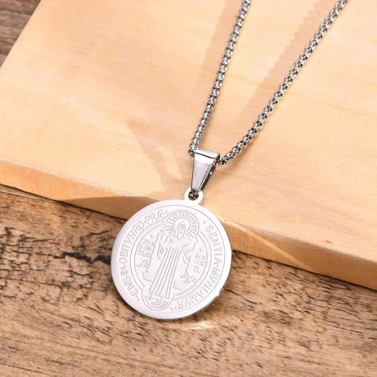 Men Saint Benedict Medal Necklace, Gold Color Stainless Steel Christian Sacramental Catholic Jewelry Gift,with Box Chain (GoldenCity)