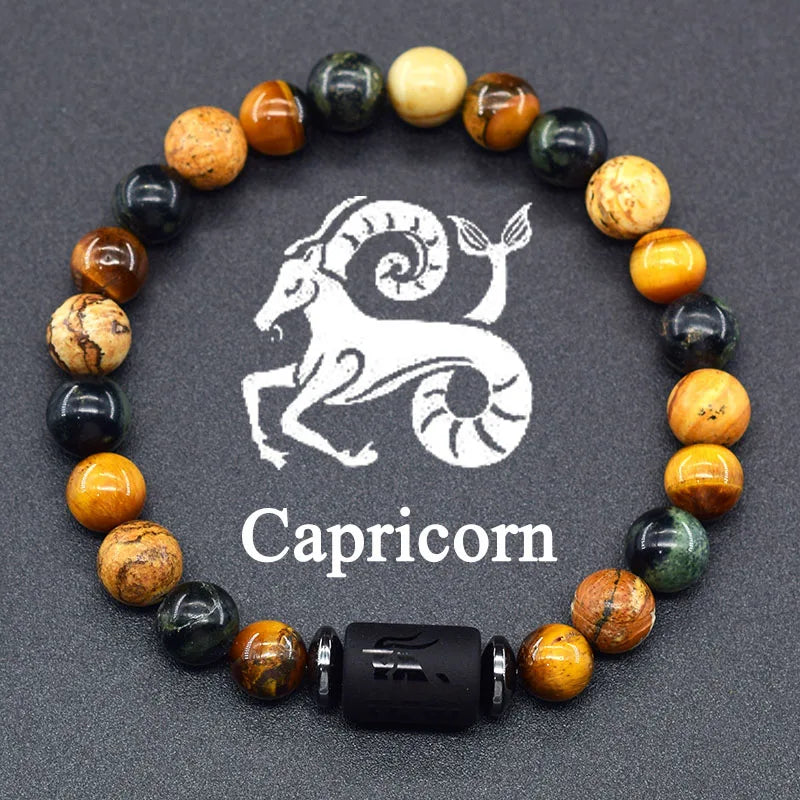 12 Zodiac Constellation Signs Bracelets for Men Women Real Natural Tiger Eye Sparrow Picture Stone Bead Bracelet Leo Taurus Gift (GoldenCity)