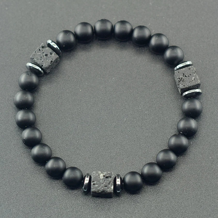 Natural Black Matte Obsidian Stone Beads Bracelet Men Women Cube Frosted Volcanic Handmade Jewelry Birthday Gift for Boyfriend (GoldenCity)